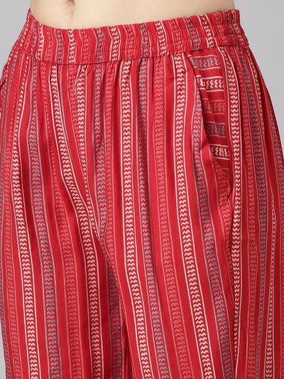 Neerus Red Regular Straight Printed Kurta And Trousers With Dupatta