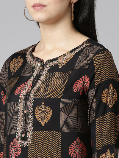 Neerus Black Regular Straight Printed Kurta And Trousers With Dupatta