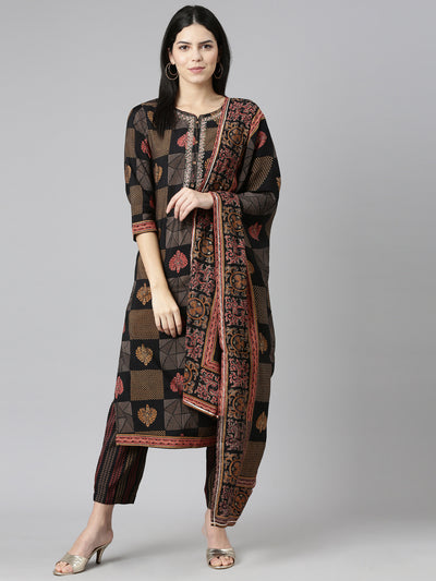 Neerus Black Regular Straight Printed Kurta And Trousers With Dupatta