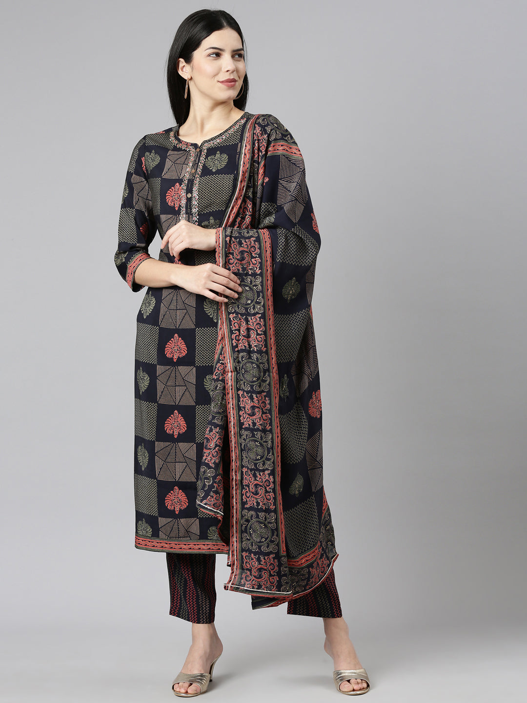 Neerus Blue printed straight kurta set with trouser and dupatta - front view