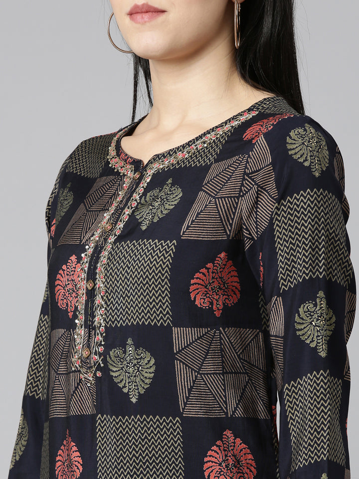 Neerus Blue printed straight kurta set with trouser and dupatta - detail view 1