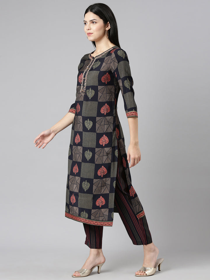 Neerus Blue printed straight kurta set with trouser and dupatta - back view