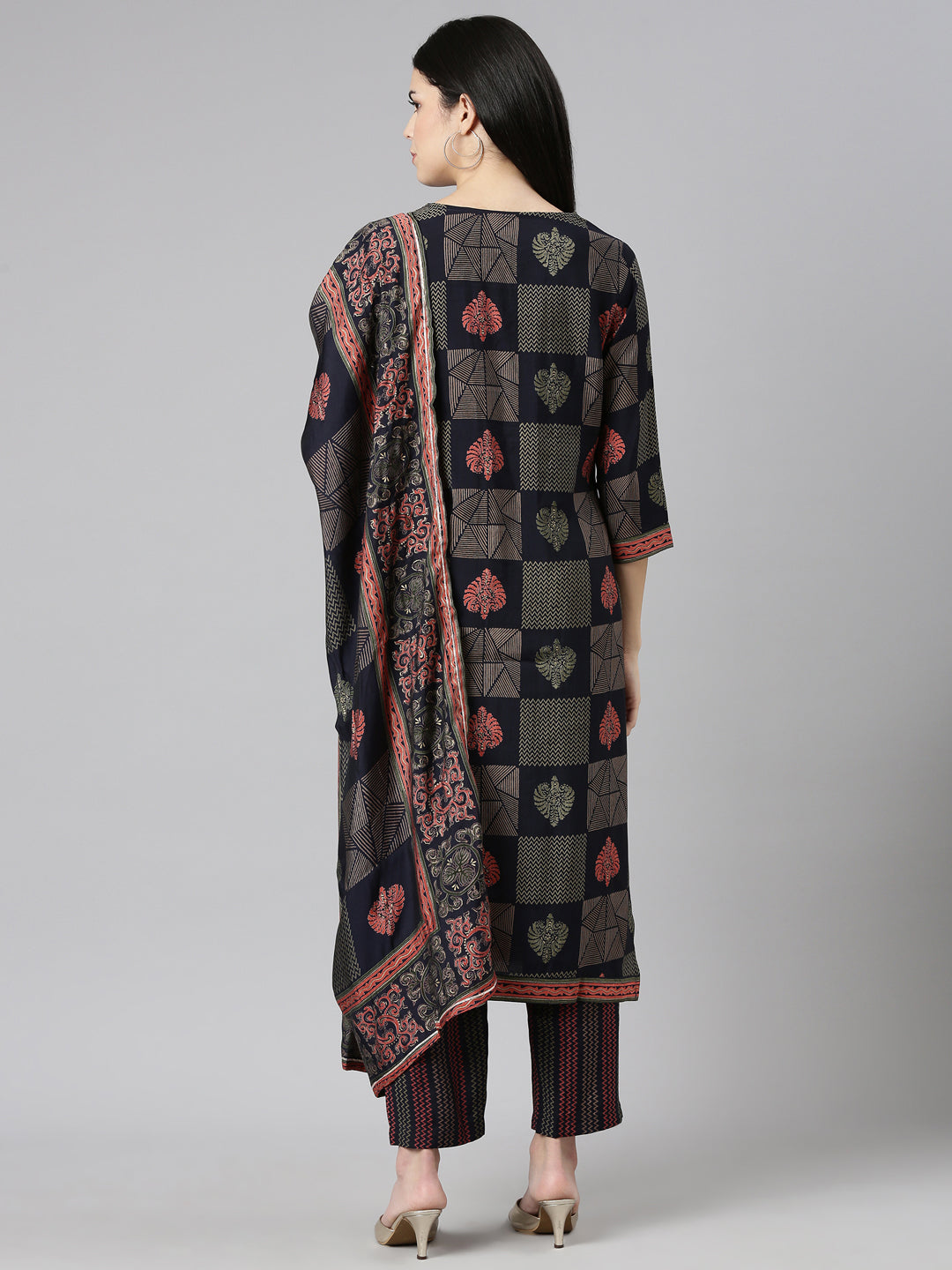 Neerus Blue printed straight kurta set with trouser and dupatta - side view