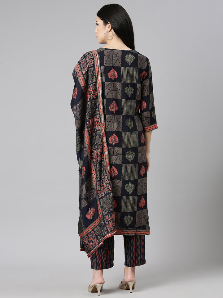 Neerus Blue printed straight kurta set with trouser and dupatta - side view