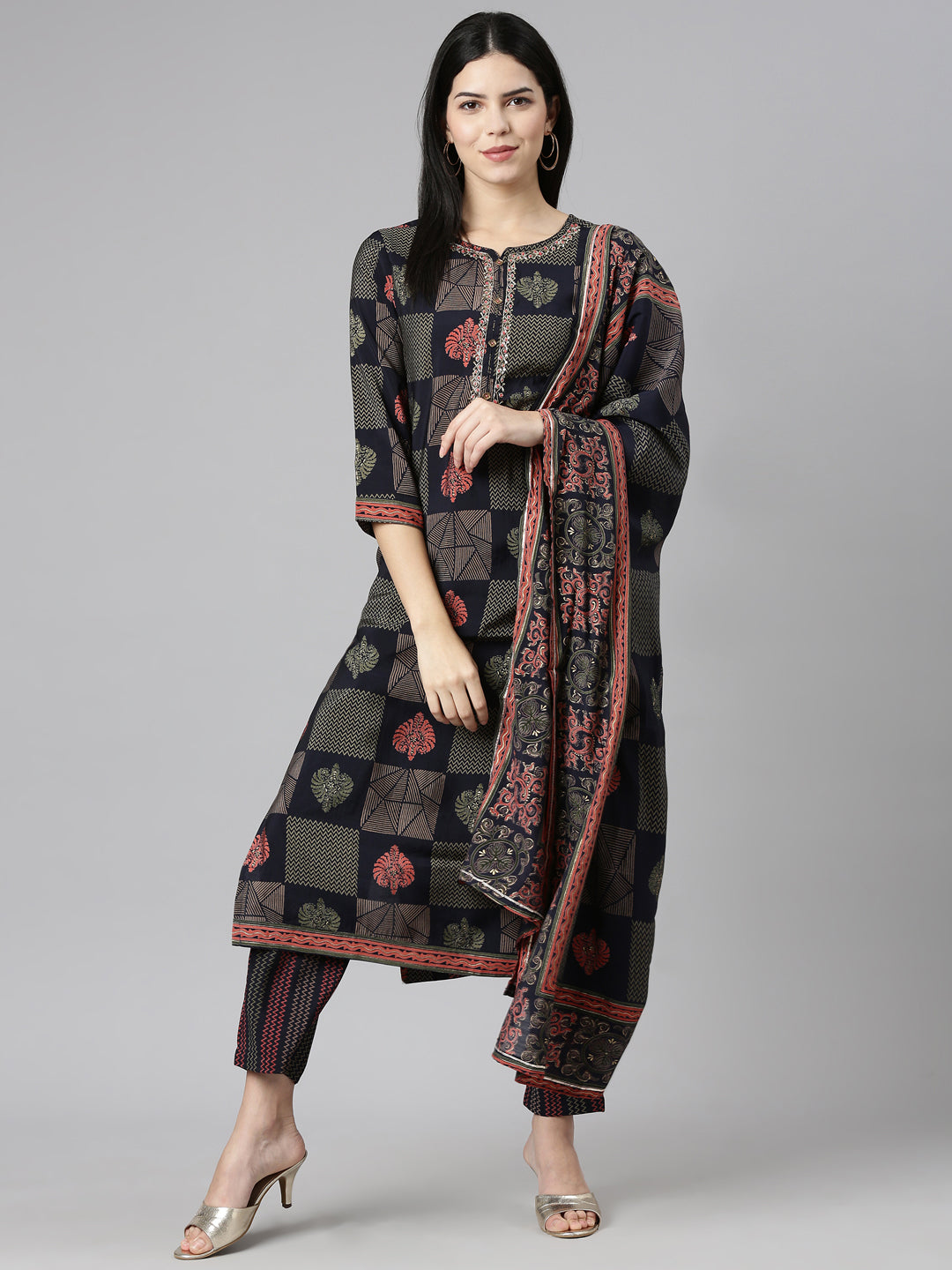 Neerus Blue printed straight kurta set with trouser and dupatta - detail view 2