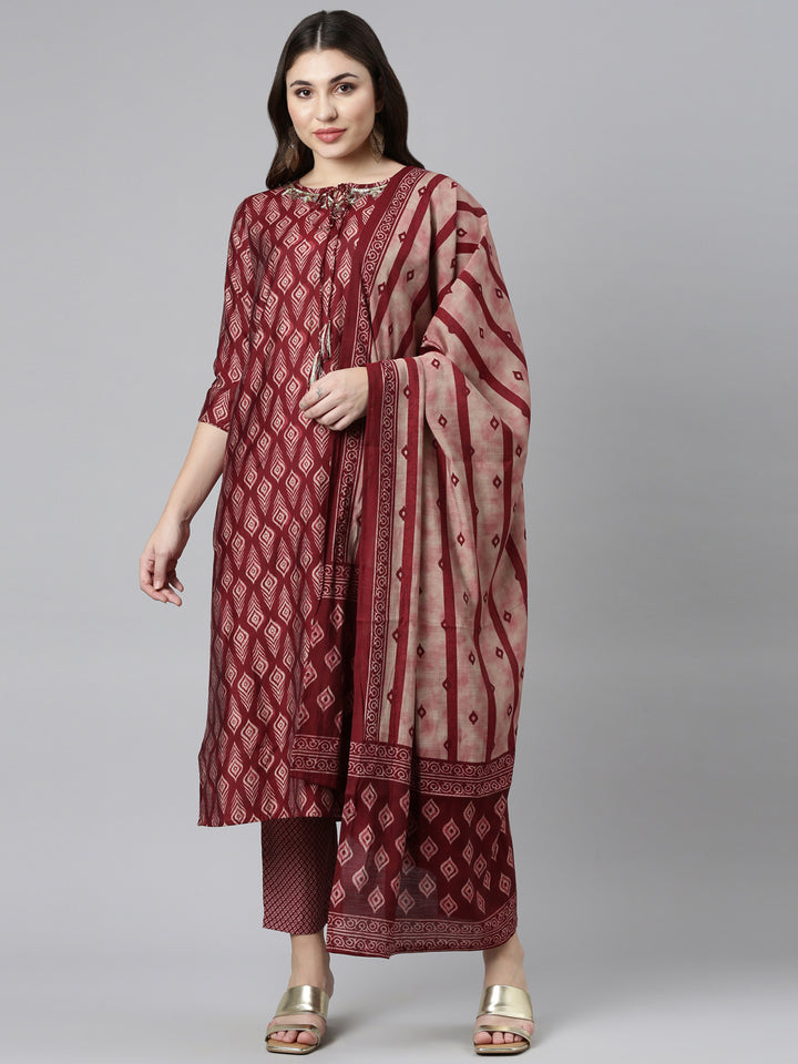 Neerus Maroon Regular Straight Printed Readymade suits