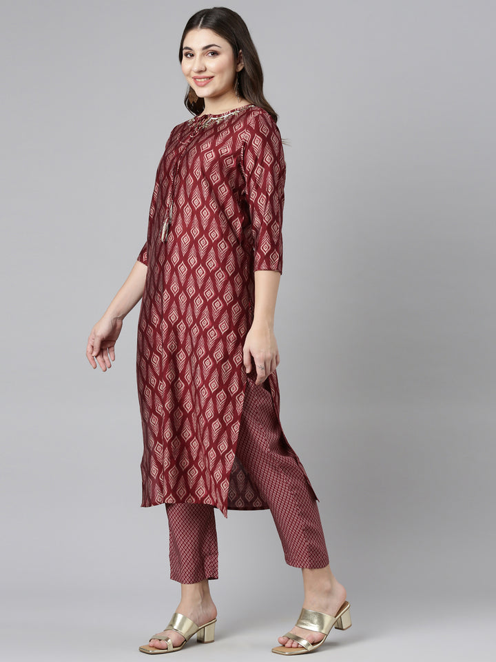 Neerus Maroon Regular Straight Printed Readymade suits