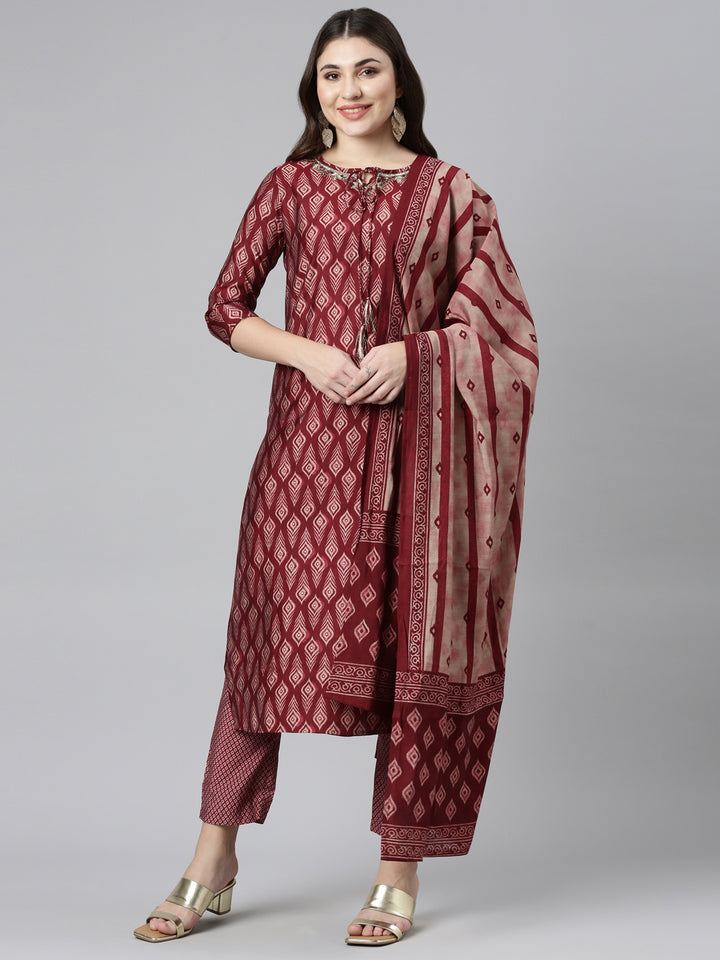 Neerus Maroon Regular Straight Printed Readymade suits