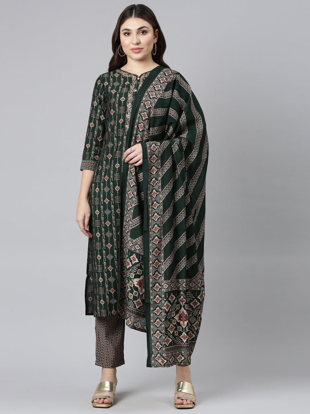 Neerus Green printed straight kurta set with dupatta - front view