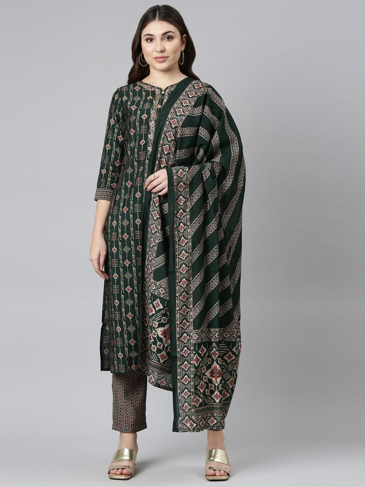Neerus Green printed straight kurta set with dupatta - front view