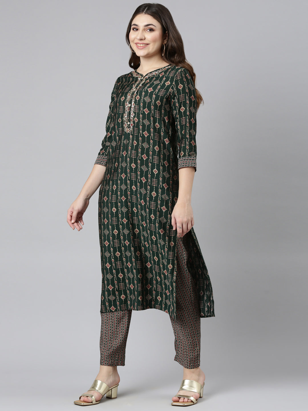 Neerus Green printed straight kurta set with dupatta - back view