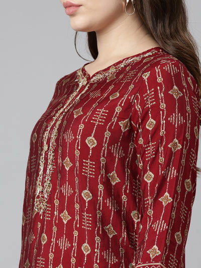 Neerus Maroon Regular Straight Printed Kurta And Trousers With Dupatta