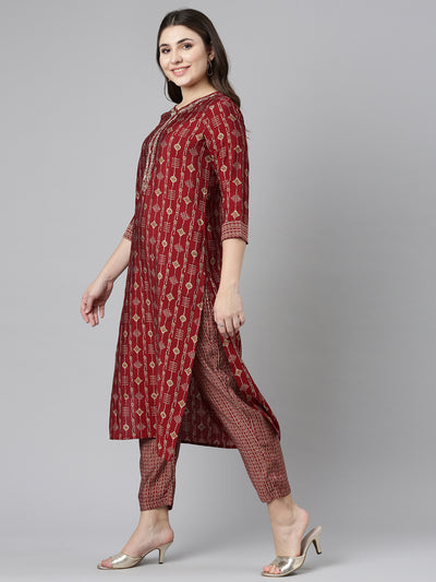 Neerus Maroon Regular Straight Printed Kurta And Trousers With Dupatta