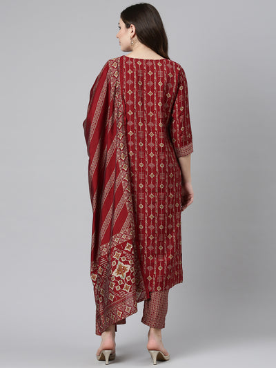 Neerus Maroon Regular Straight Printed Kurta And Trousers With Dupatta