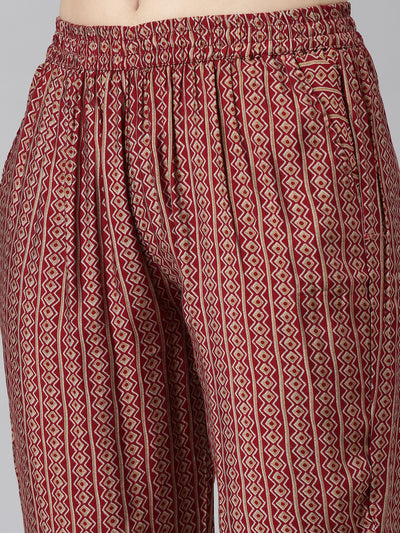 Neerus Maroon Regular Straight Printed Kurta And Trousers With Dupatta