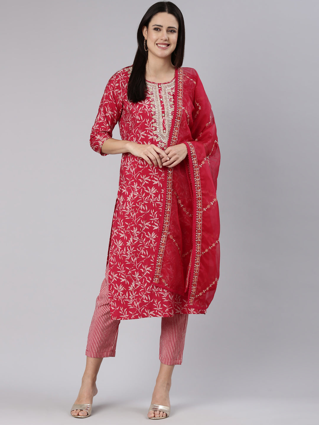 Neerus Pink printed straight kurta set with dupatta - front view