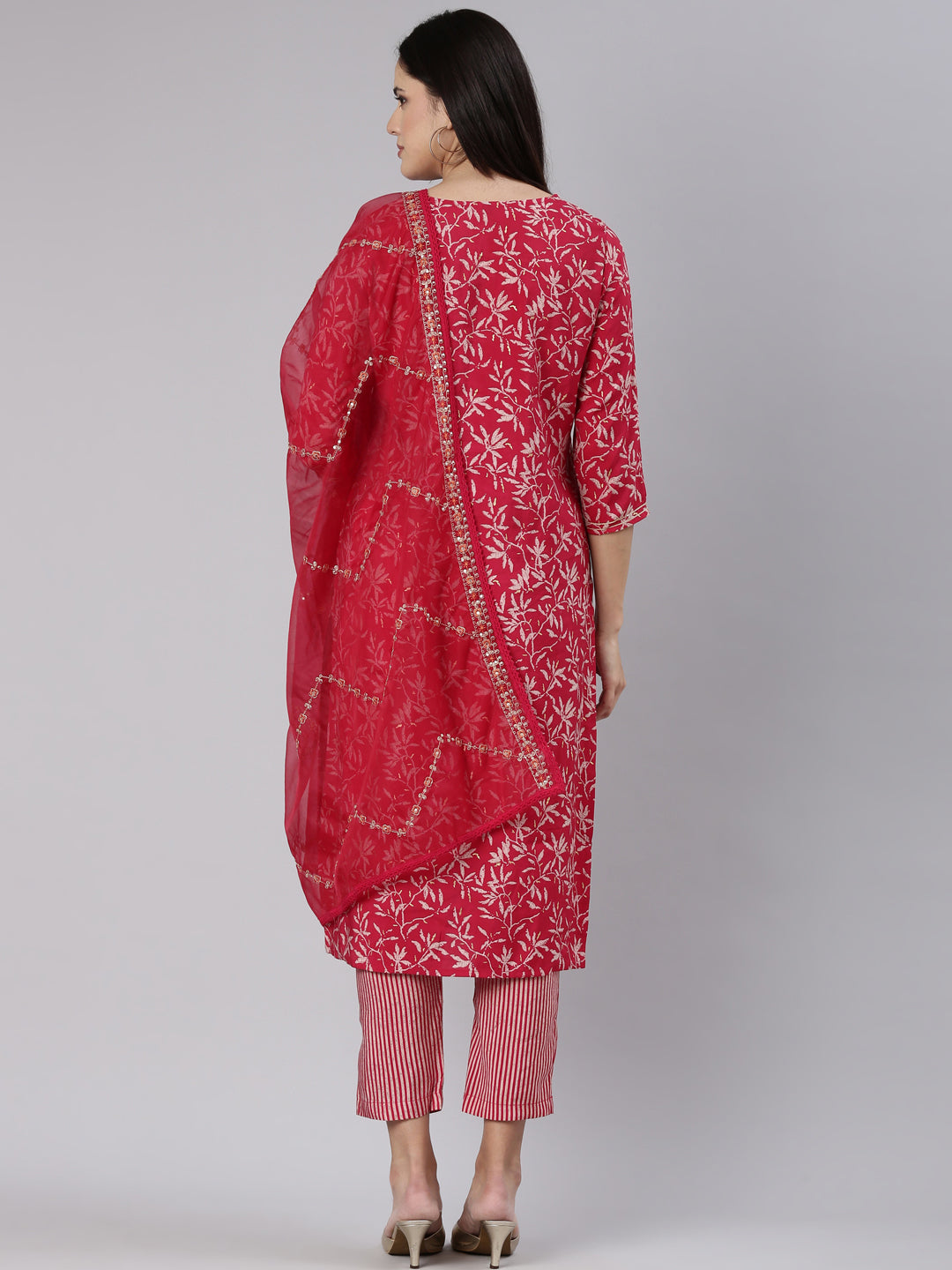 Neerus Pink printed straight kurta set with dupatta - side view