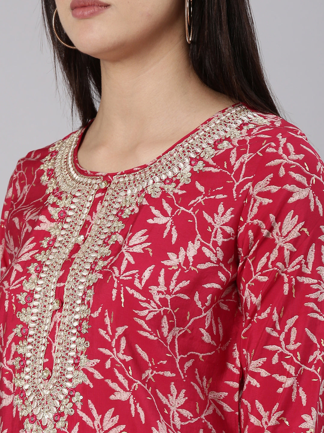 Neerus Pink printed straight kurta set with dupatta - detail view 1