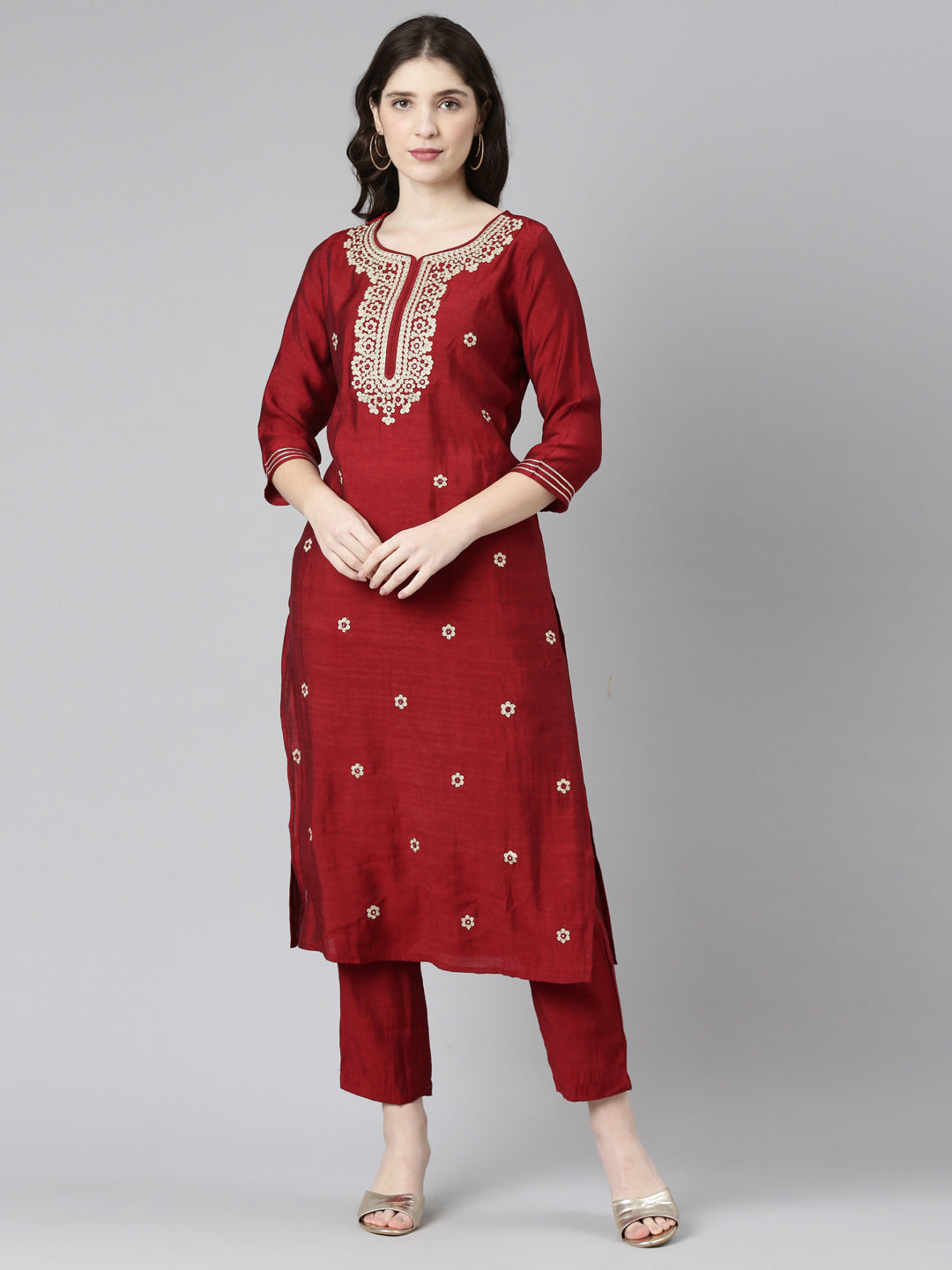 Neerus Maroon embroidered straight kurta set - front view