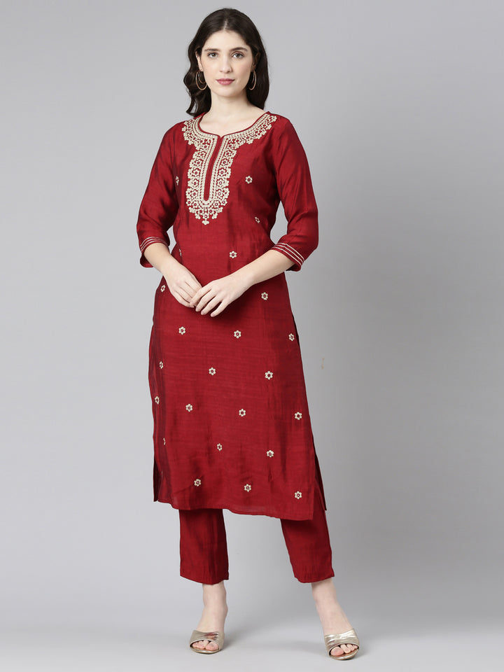 Neerus Maroon embroidered straight kurta set - front view