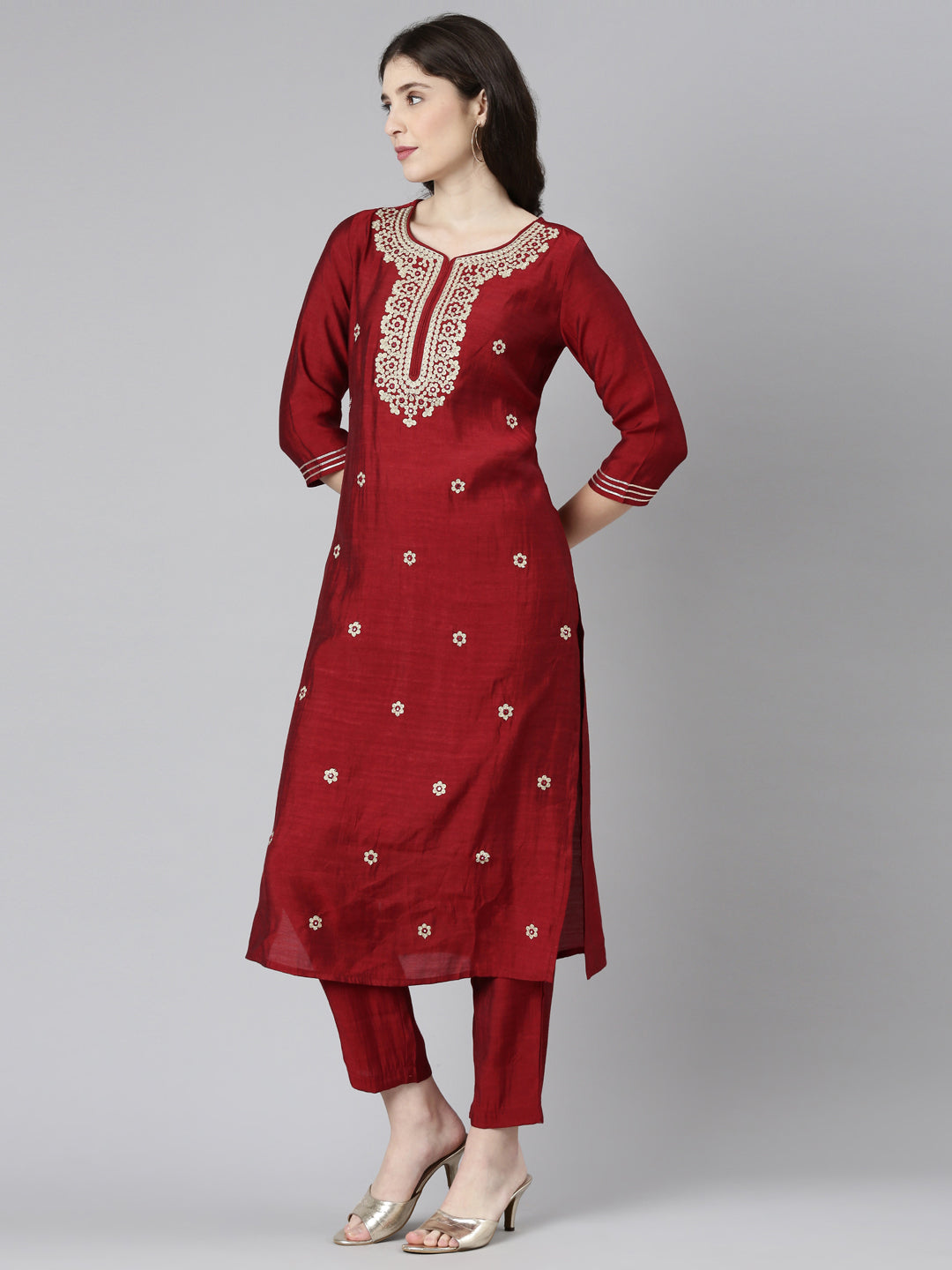 Neerus Maroon embroidered straight kurta set - back view