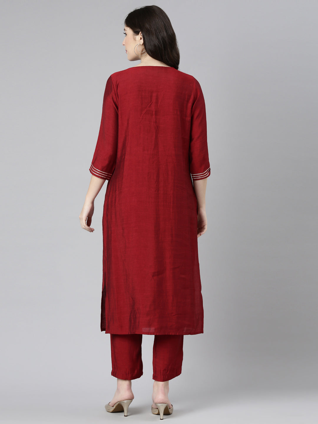 Neerus Maroon embroidered straight kurta set - side view