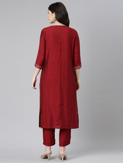 Neerus Maroon Regular Straight Embroidered Kurta And Trousers