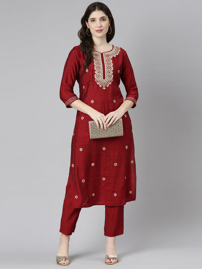 Neerus Maroon Regular Straight Embroidered Kurta And Trousers
