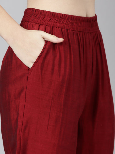Neerus Maroon Regular Straight Embroidered Kurta And Trousers
