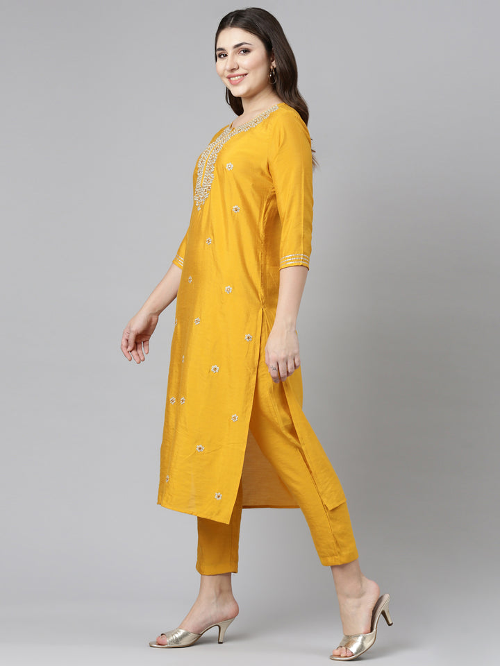 Neerus Yellow Regular Straight Embroidered Kurta And Trousers