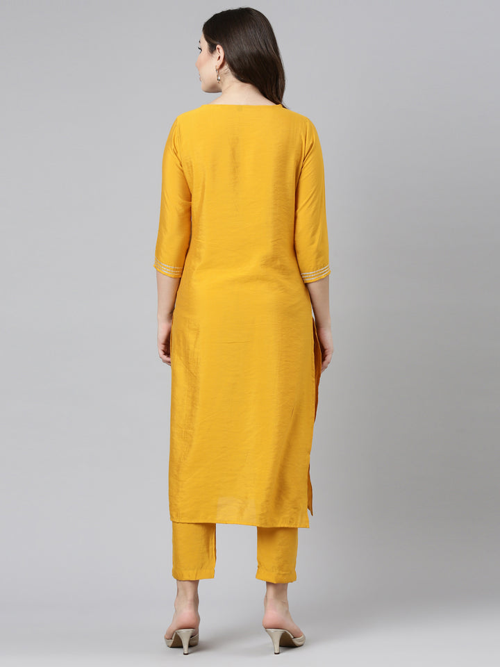 Neerus Yellow Regular Straight Embroidered Kurta And Trousers