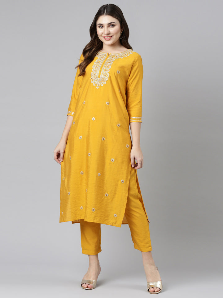 Neerus Yellow Regular Straight Embroidered Kurta And Trousers
