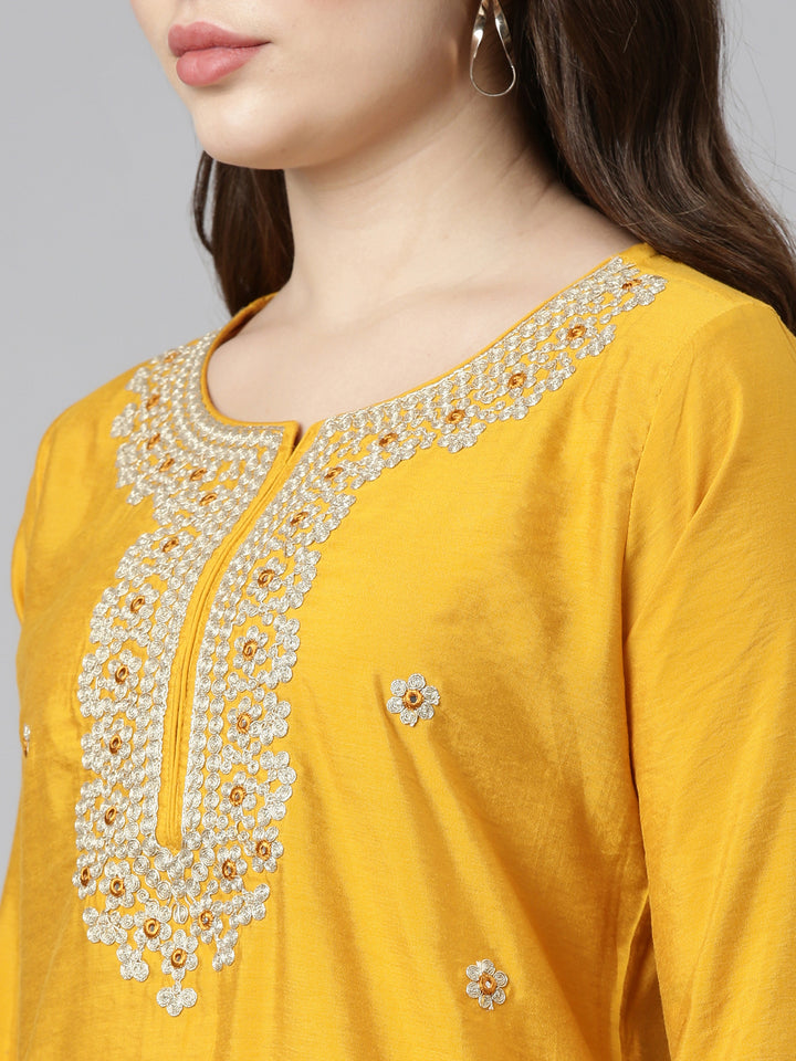 Neerus Yellow Regular Straight Embroidered Kurta And Trousers