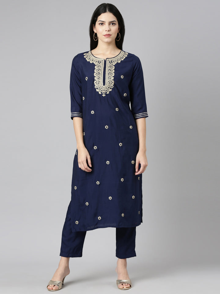 Neerus Navy Blue Regular Straight Embroidered Kurta And Trousers
