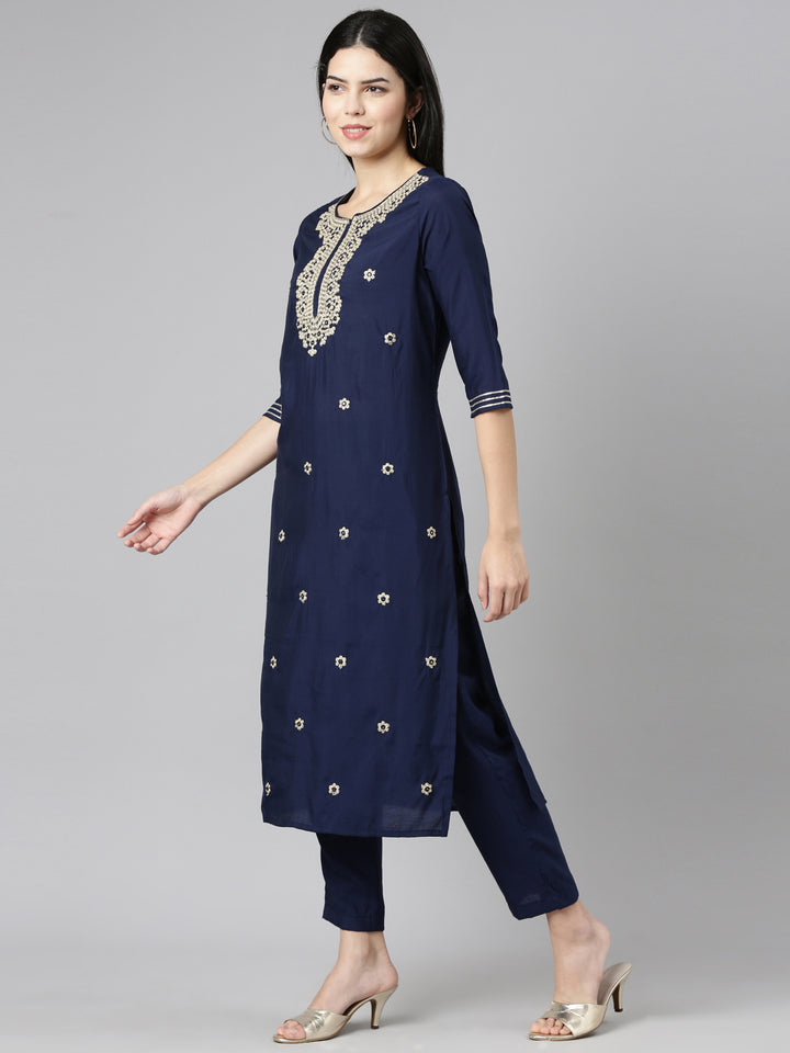 Neerus Navy Blue Regular Straight Embroidered Kurta And Trousers