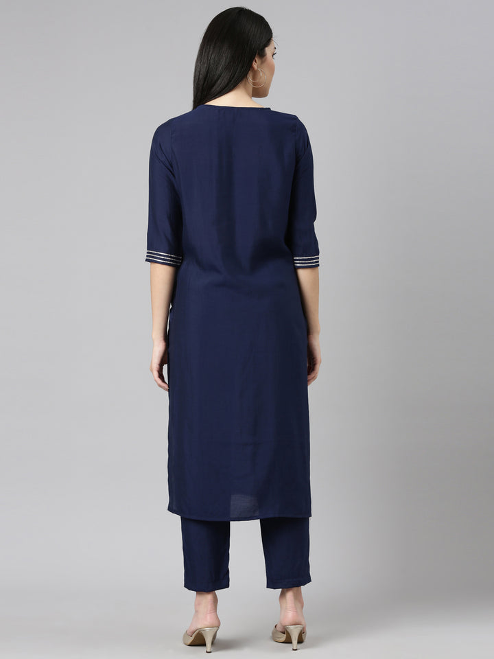 Neerus Navy Blue Regular Straight Embroidered Kurta And Trousers