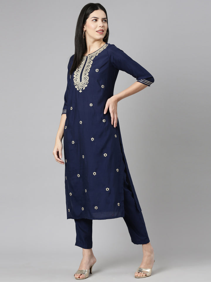 Neerus Navy Blue Regular Straight Embroidered Kurta And Trousers