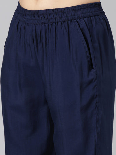 Neerus Navy Blue Regular Straight Embroidered Kurta And Trousers