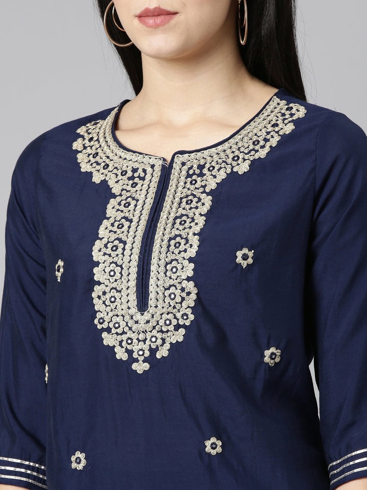 Neerus Navy Blue Regular Straight Embroidered Kurta And Trousers