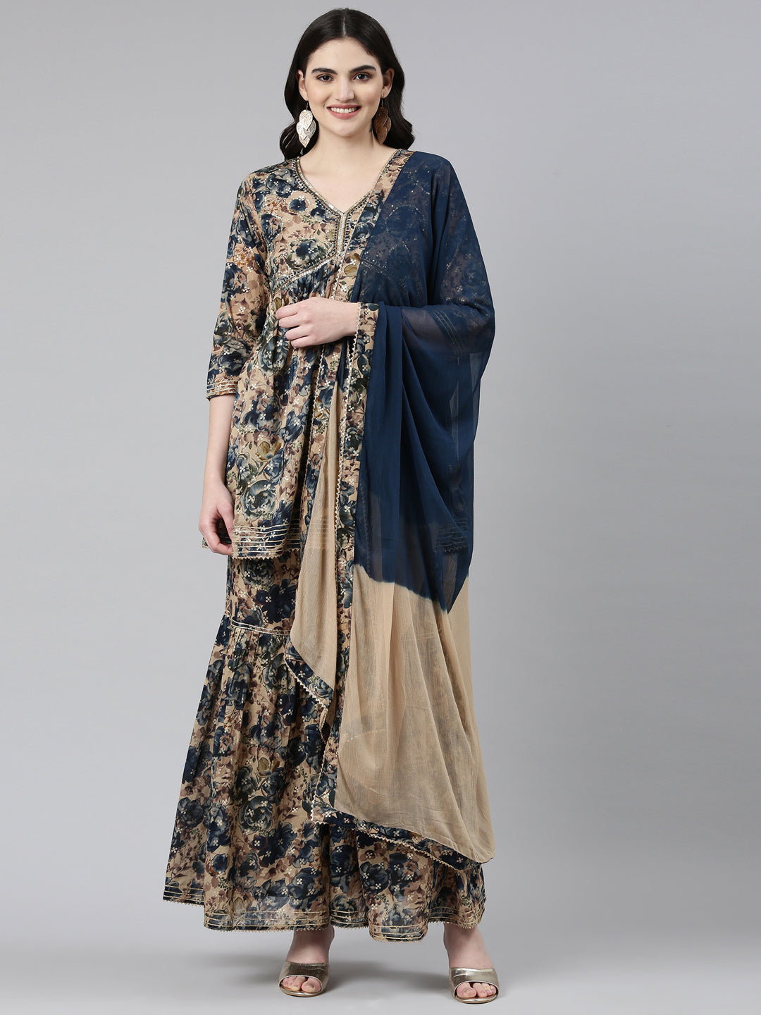 Neerus Blue printed anarkali kurta set with sharara and dupatta - front view