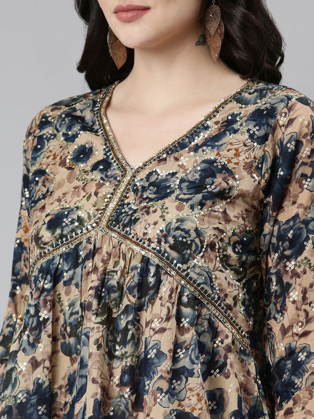Neerus Blue printed anarkali kurta set with sharara and dupatta - detail view 1