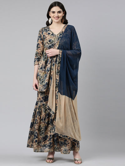 Neeru's Navy Blue Pleated Anarkali Printed Kurta And Sharara With Dupatta