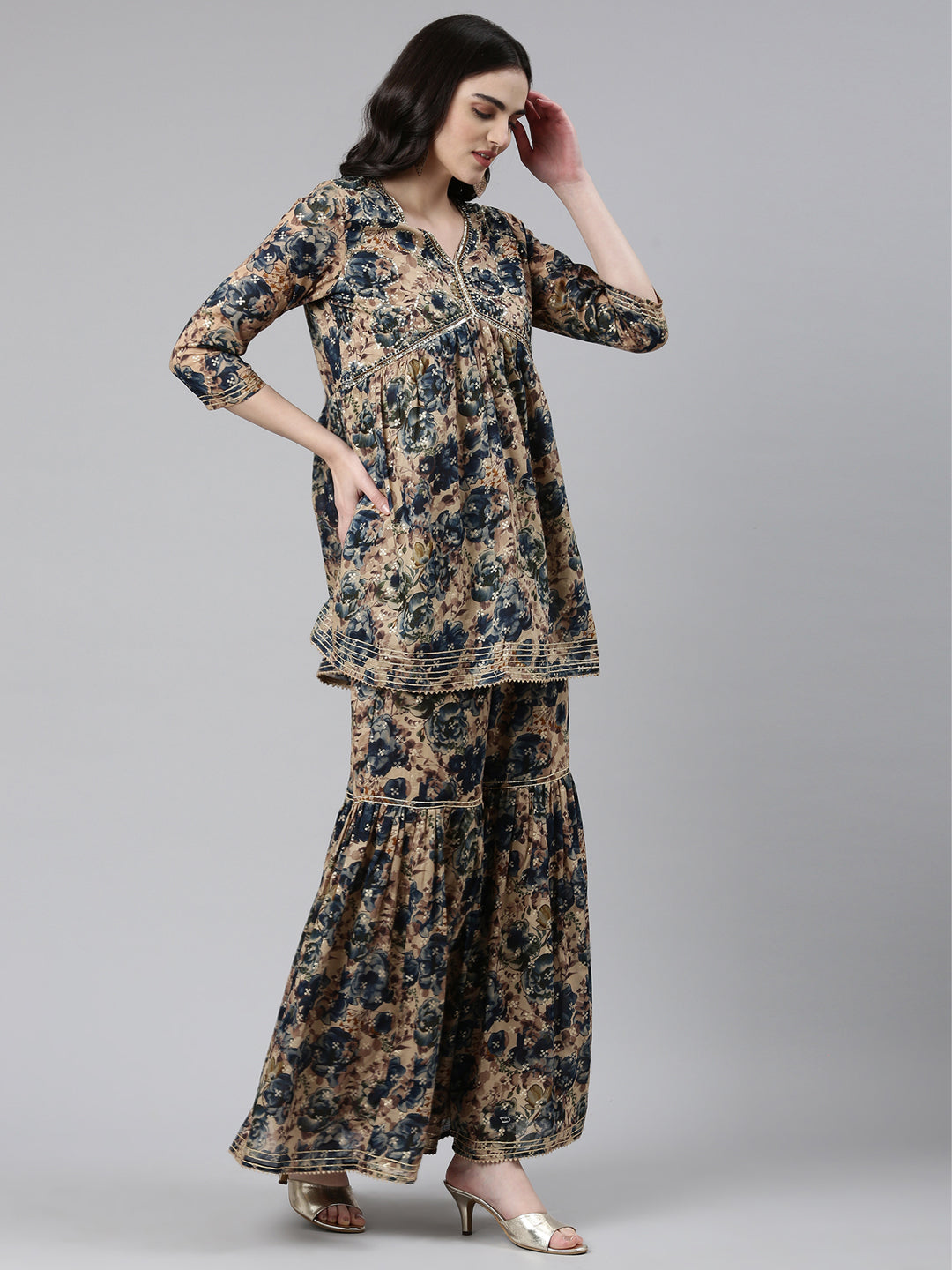 Neerus Blue printed anarkali kurta set with sharara and dupatta - back view