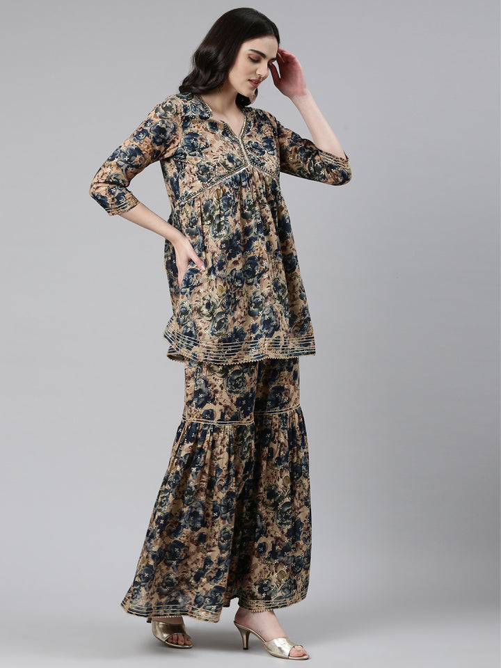 Neerus Blue printed anarkali kurta set with sharara and dupatta - back view