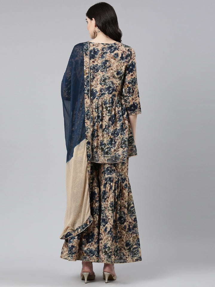 Neerus Blue printed anarkali kurta set with sharara and dupatta - side view