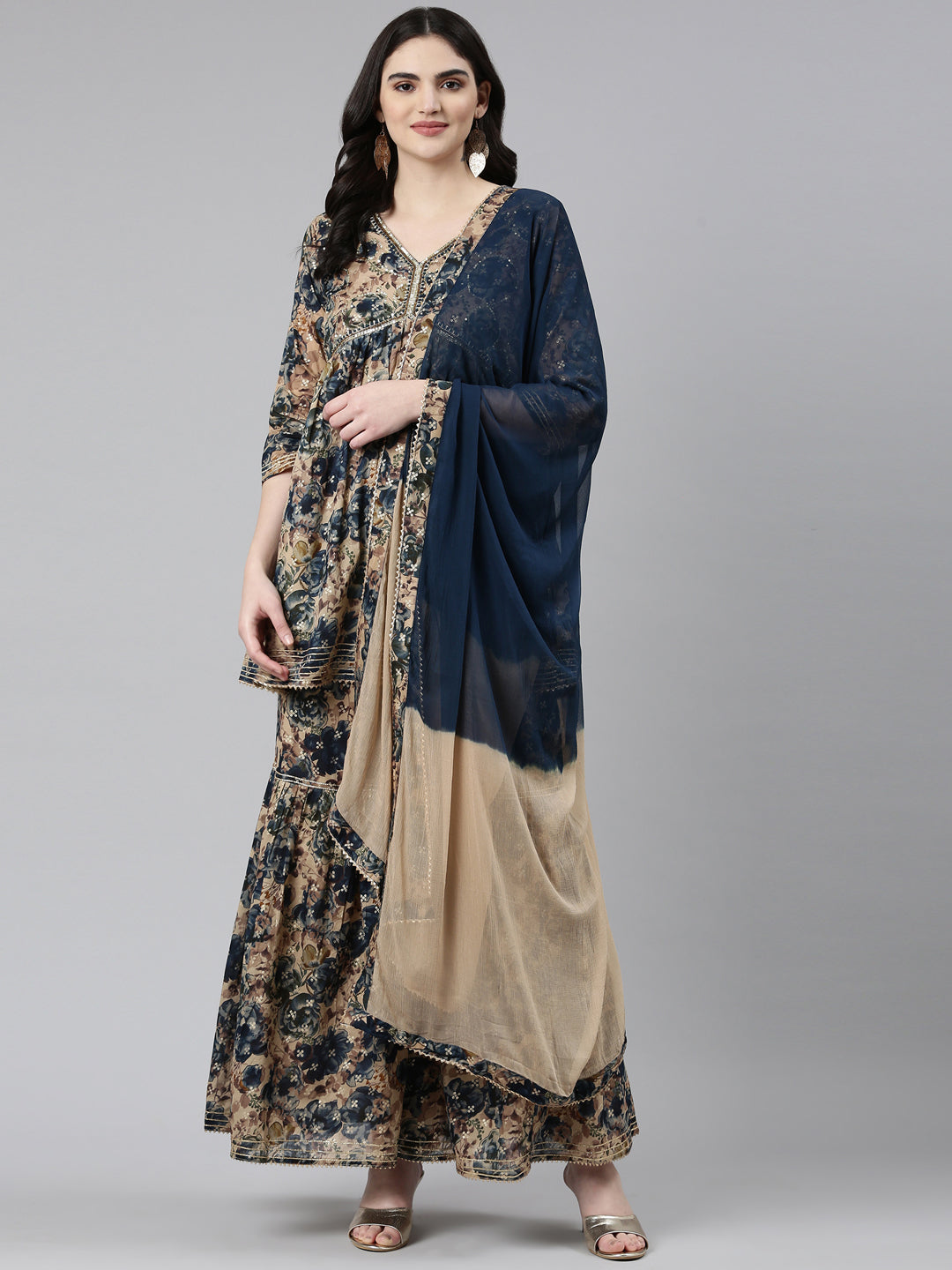 Neerus Blue printed anarkali kurta set with sharara and dupatta - detail view 2
