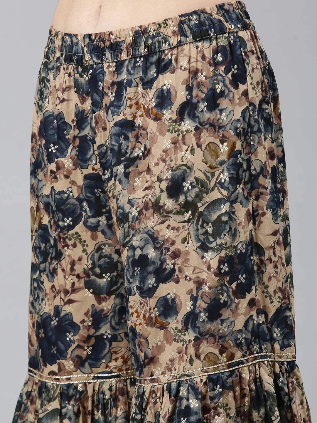 Neerus Blue printed anarkali kurta set with sharara and dupatta - detail view 3