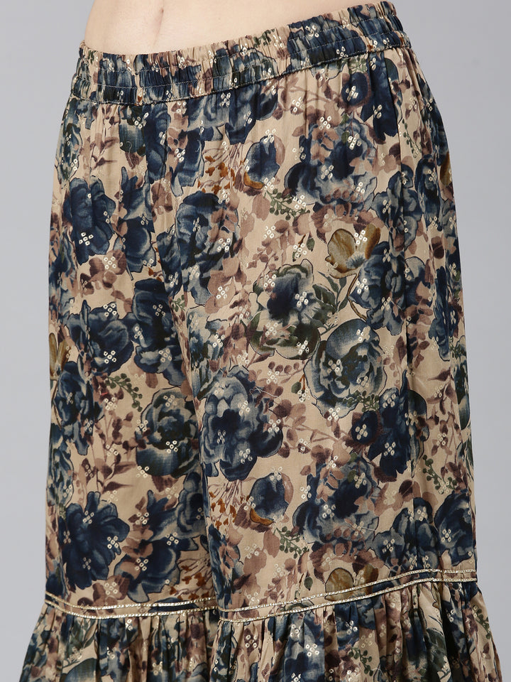 Neerus Blue printed anarkali kurta set with sharara and dupatta - detail view 3