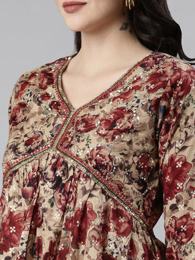 Neerus Maroon Pleated Anarkali Printed Kurta And Sharara With Dupatta