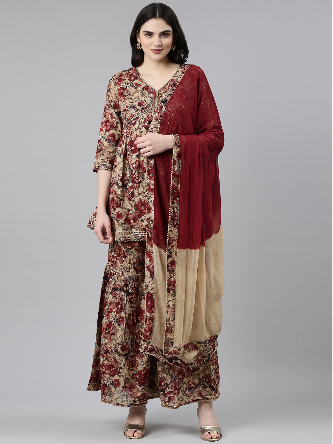Neerus Maroon Pleated Anarkali Printed Kurta And Sharara With Dupatta